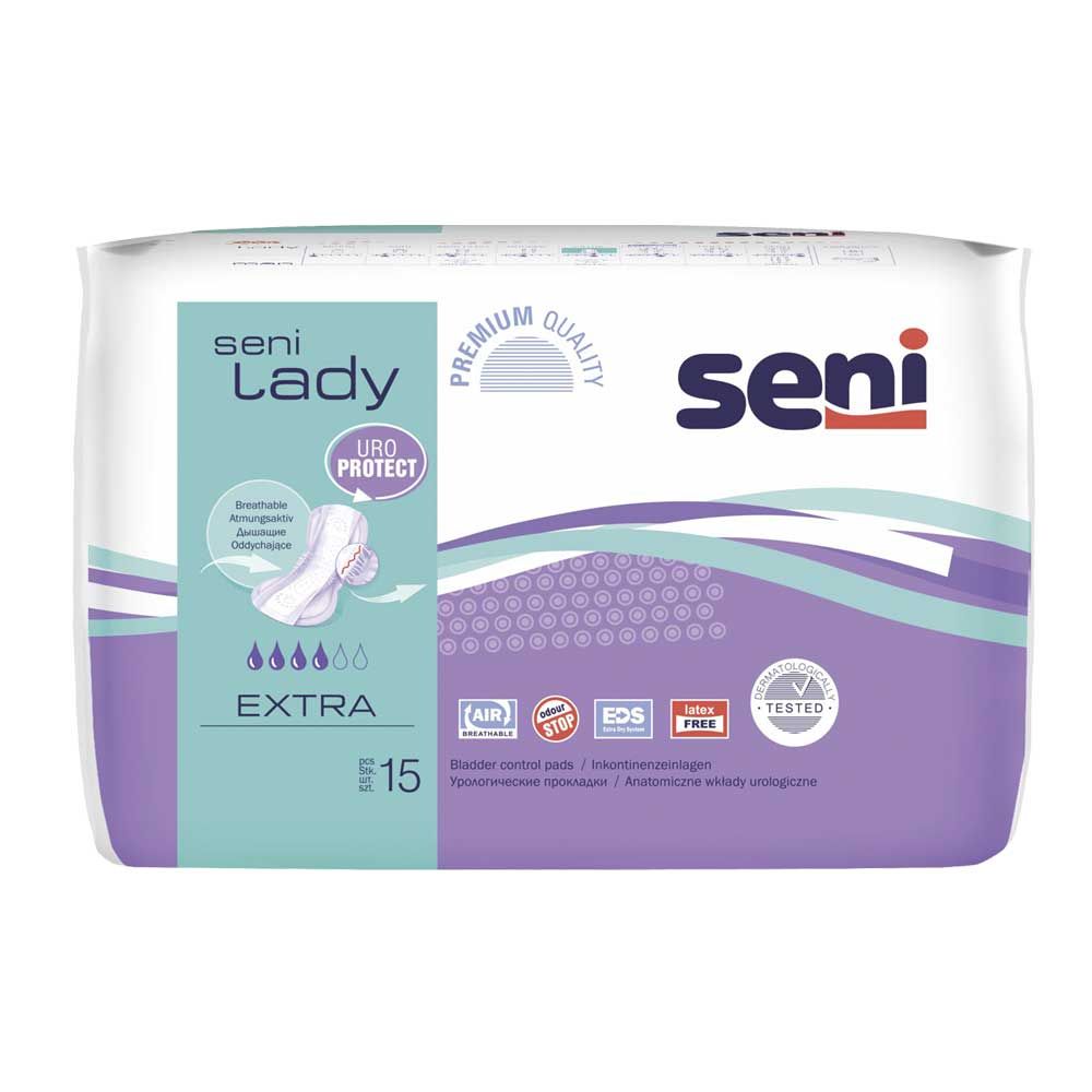 Seni Lady Inkontinenzeinlagen, Extra Packung; luftdurchlässige Einlagen, „15“.