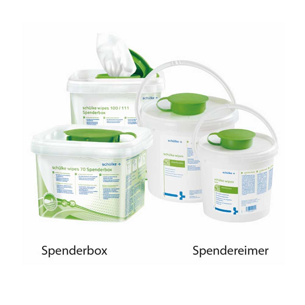 Desinfektionstücher-Spenderbox und Spendereimer, transparente Behälter mit grünem Deckel