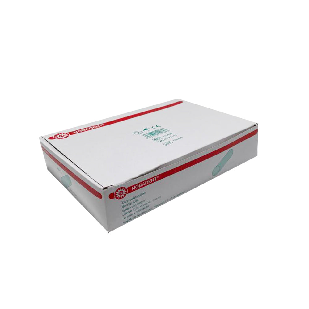 Nobadent® Zahnwatterolle Kartonbox mit roten Akzenten und Produktetikett