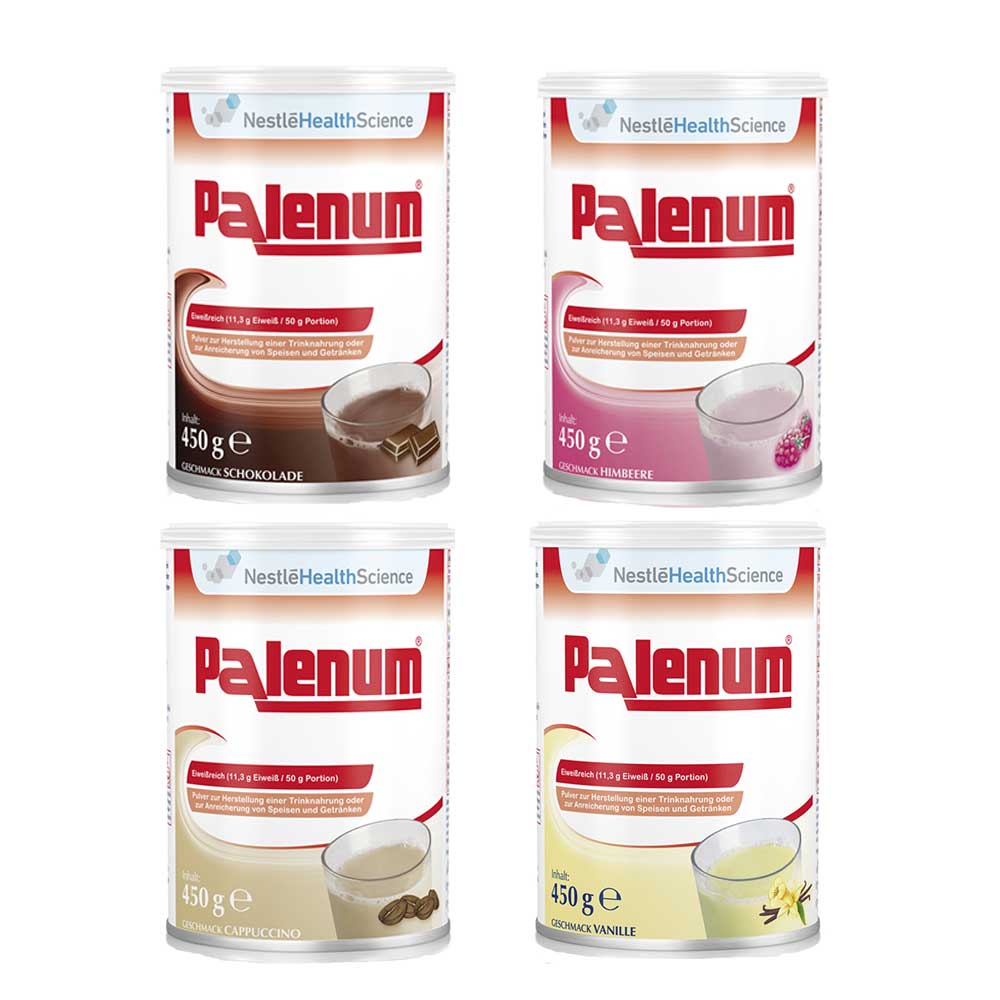 Palenum Trinknahrung Sortiment mit 4 Dosen: Schoko, Vanille, Himbeere, Cappuccino
