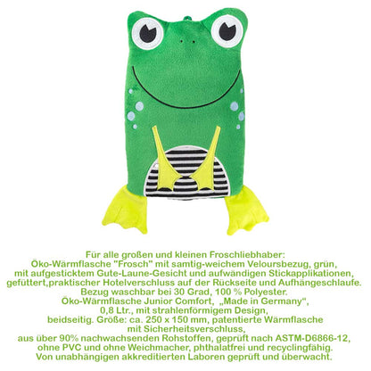 Grüne Frosch-Velourswärmflasche mit gelben Pfoten, gestreiften Muster-Aussparungen