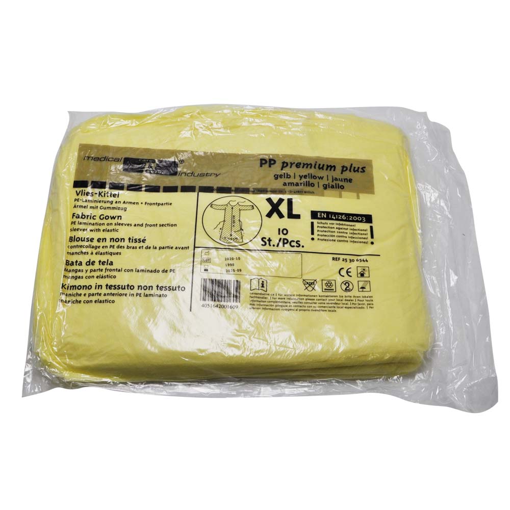 Infektionsschutzkittel aus Vlies in Folienverpackung, gelb, Größe XL, 10 Stk.