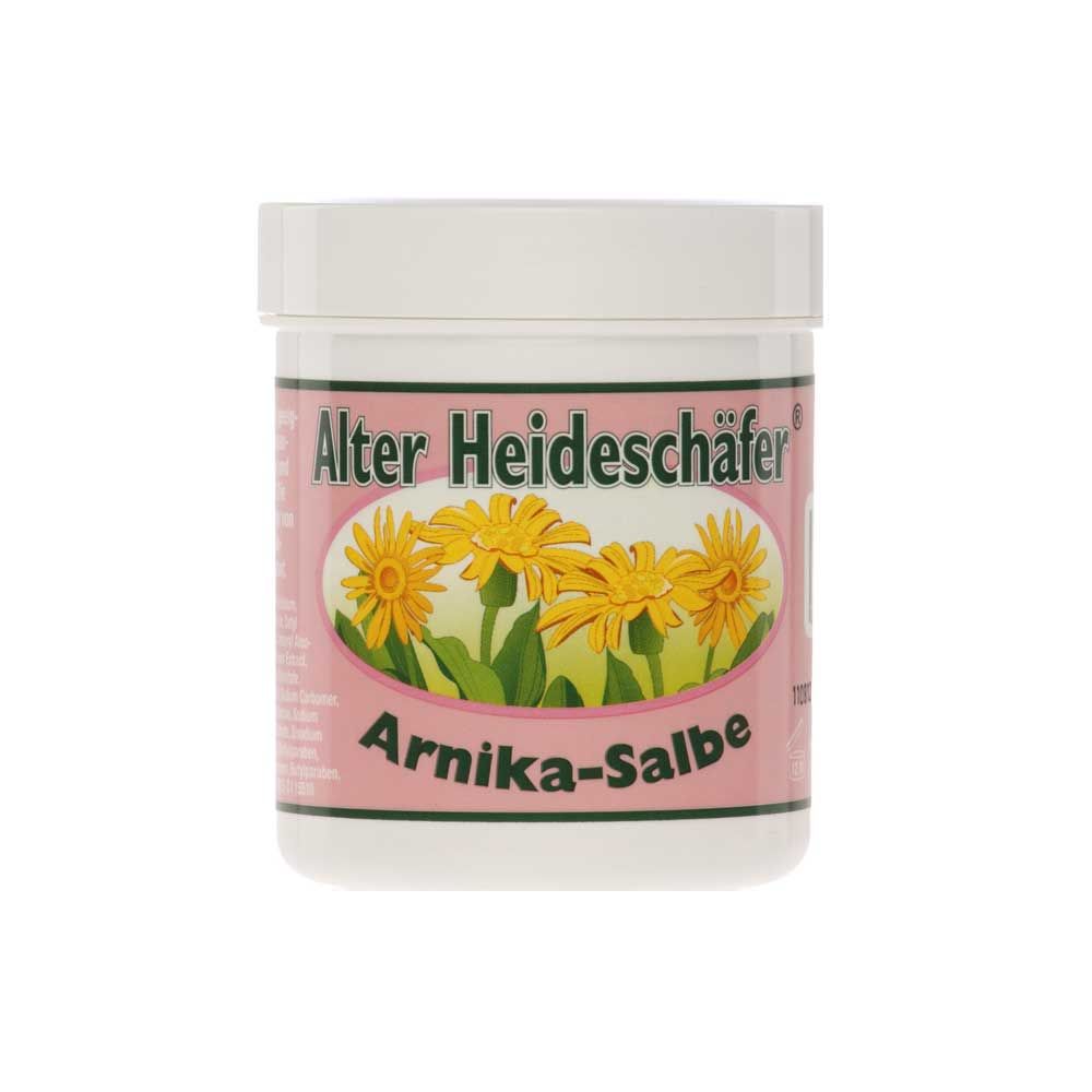Alter Heideschäfer® Arnika-Salbe im weißen Kunststoffglas mit Deckel, gelbe Arnika-Blüten