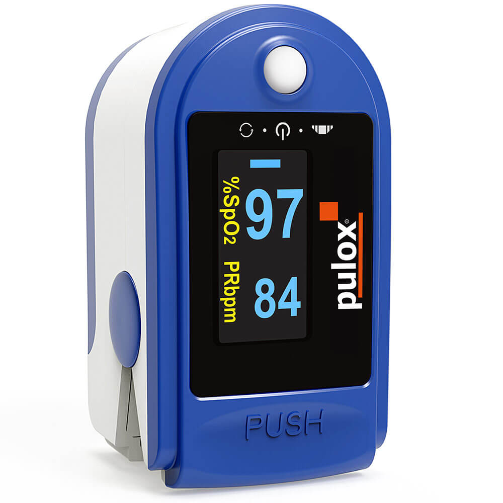 Blauer Finger-Pulsoximeter mit OLED-Anzeige: 97 SpO₂, 84 Puls.