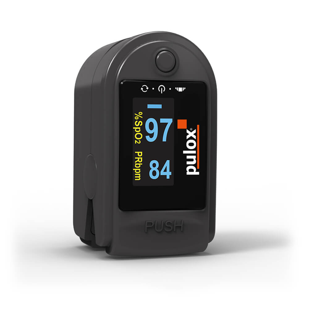 Schwarzer Finger-Pulsoximeter mit OLED-Anzeige: 97 SpO₂, 84 Puls.