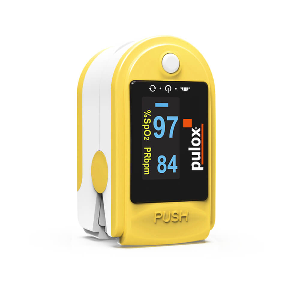 Gelber Finger-Pulsoximeter mit drehbarer OLED-Anzeige und Messwerten