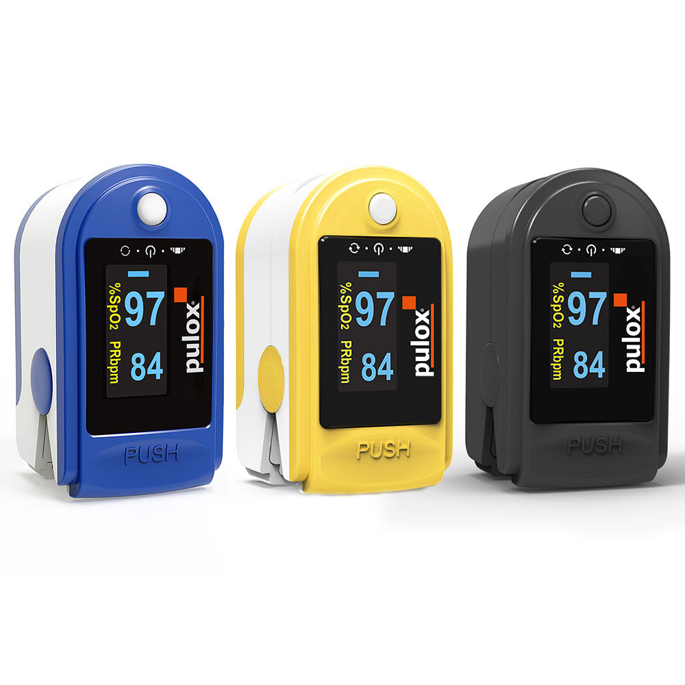 Finger-Pulsoximeter mit drehbarer OLED-Anzeige in Blau, Gelb und Schwarz.