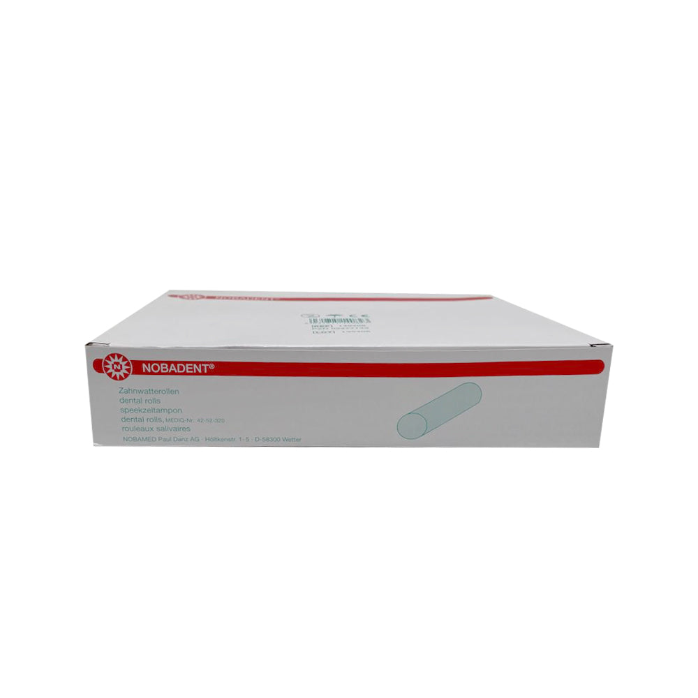 Nobadent® Zahnwatterolle Kartonpackung mit rotem Streifen und blauem Hinweis