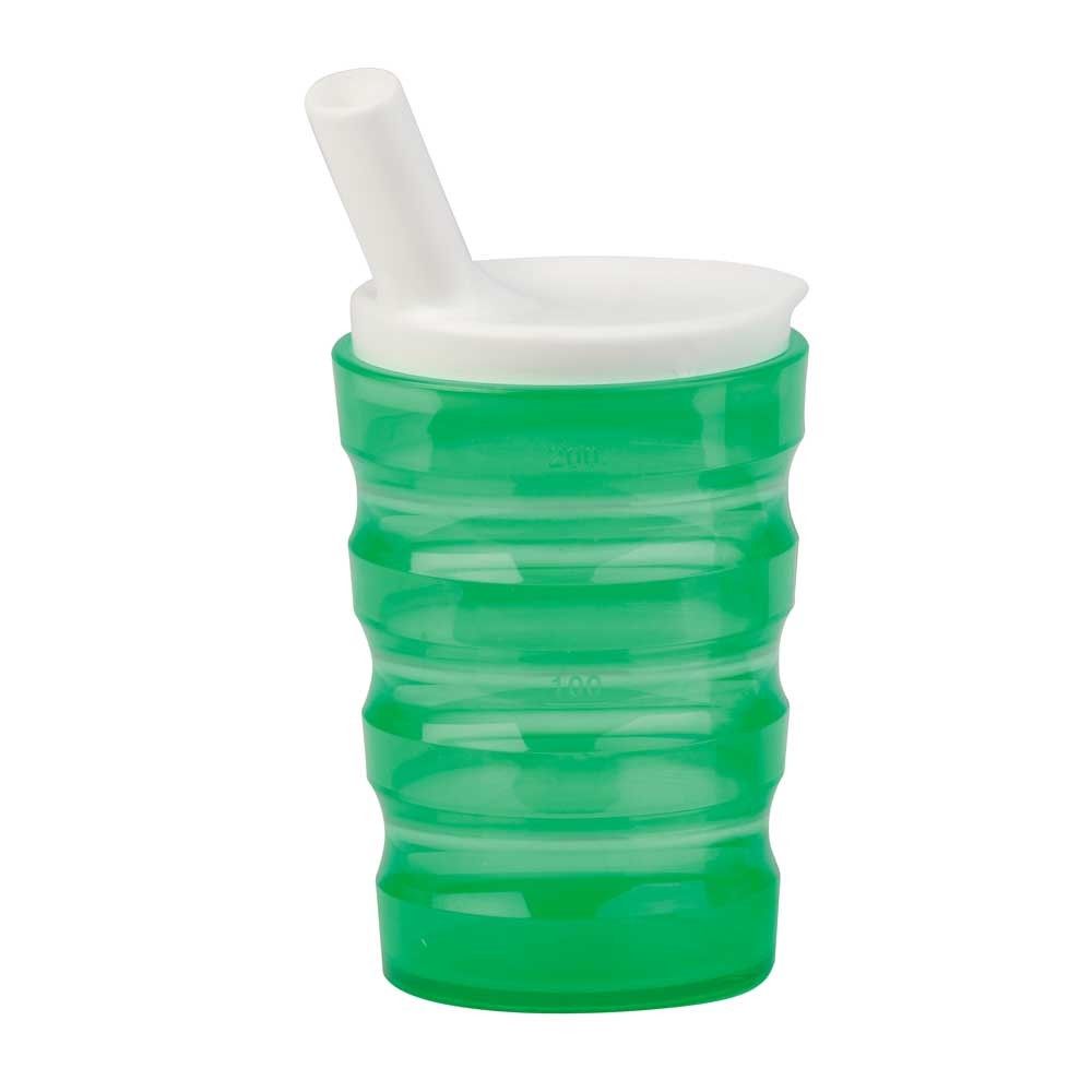 Trinkbecher mit Trinkhalm, gerippt, auslaufsicher, bruchsicher, dunkelgrün