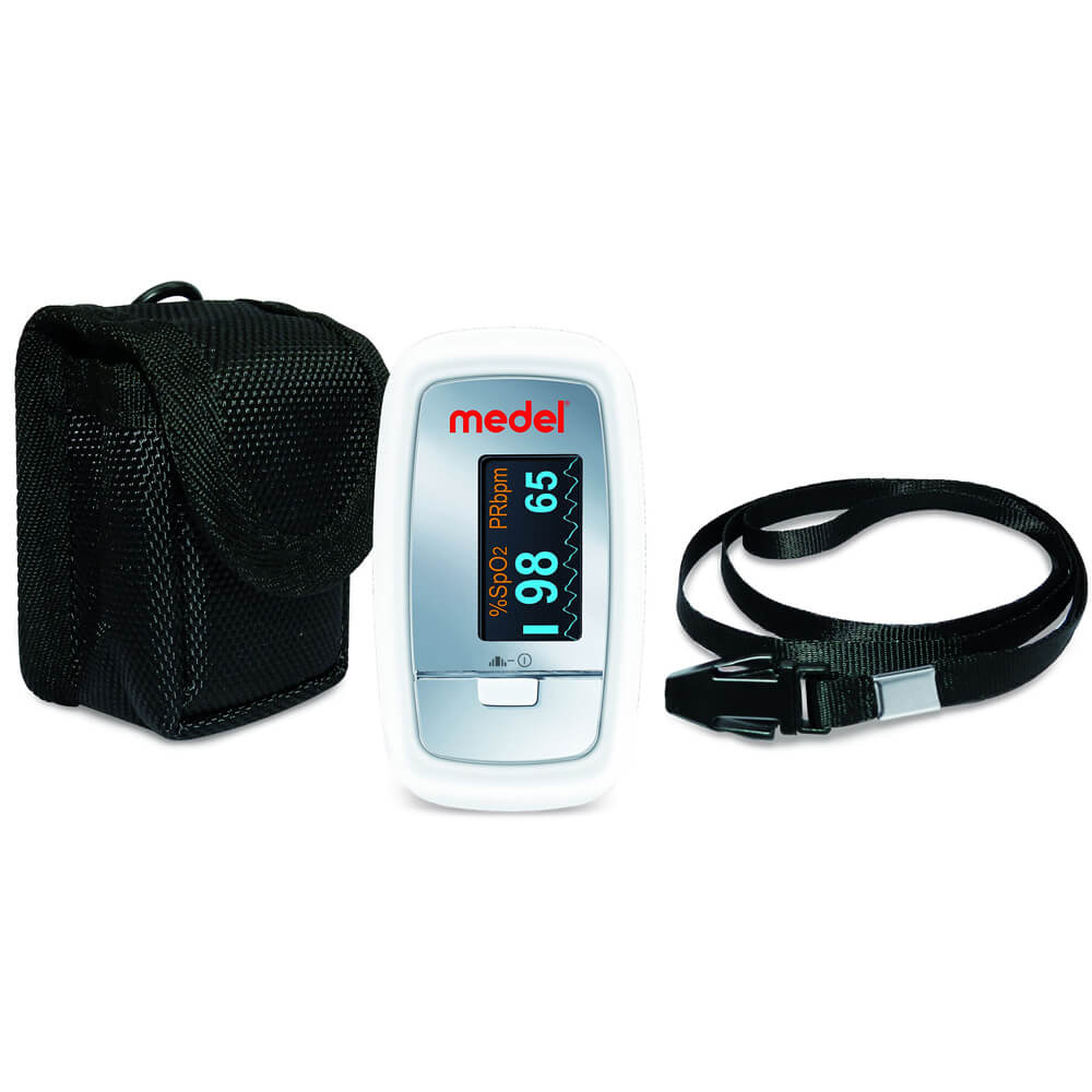 Pulsoximeter von Medel mit Tragetasche und Tragegurt, weißes Gerät mit Display