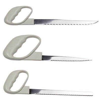 Schneidemesser mit Wellenschliff und Haltegriff, hellgrauer Griff