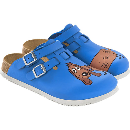 Blaue Birkenstock-Clogs mit Hundemotiv, zwei Riemenriemen und silbernen Schnallen