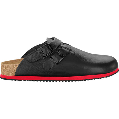 Schwarze Clogs mit zwei verstellbaren Schnallenriemen und roter Profilsohle