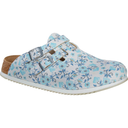 Birkenstock Clog in Hellblau mit Blumenprint und zwei Gurt-Schnallen