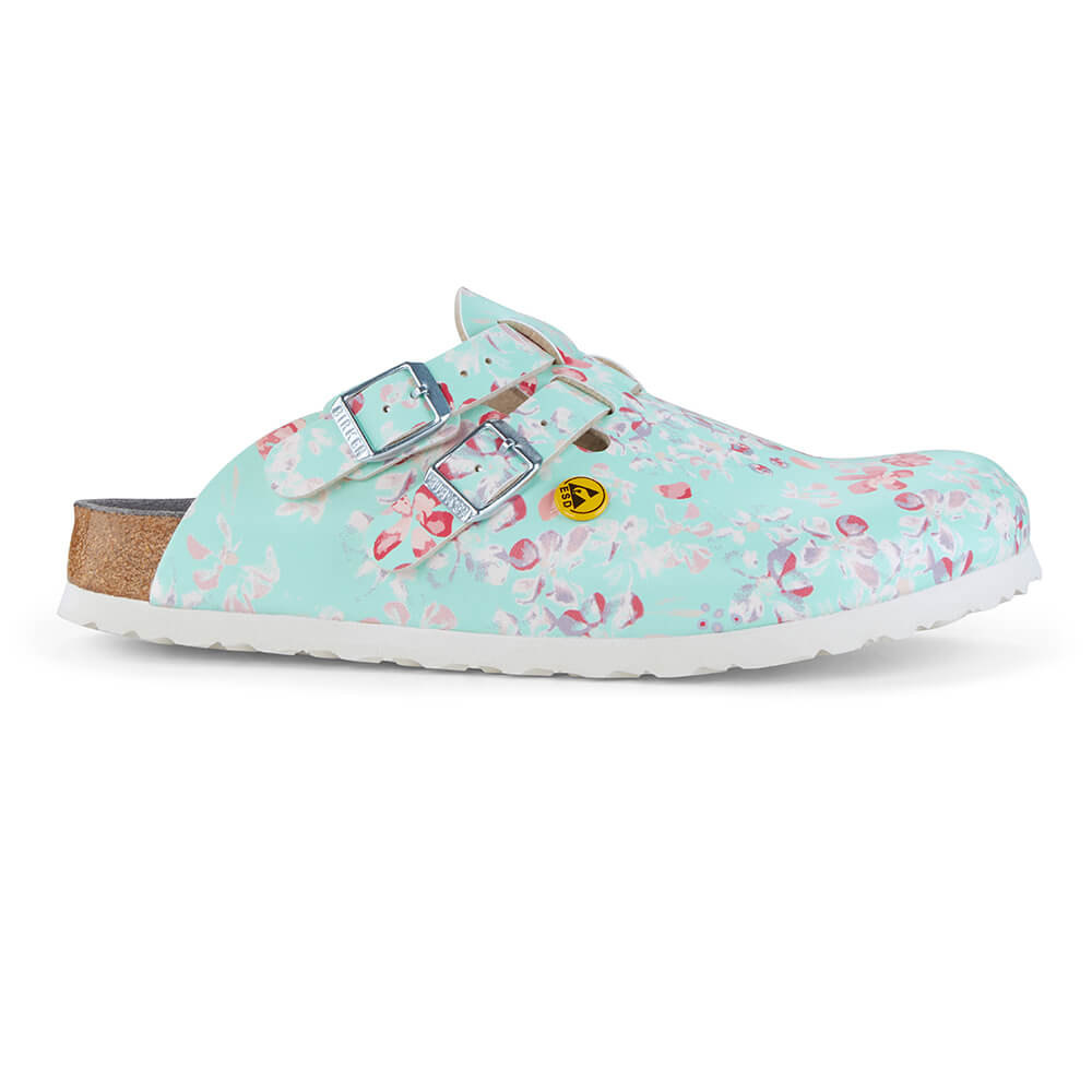 Schmaler Clog rosa mit Blumenmuster, zwei Metall-Schnallen, weißes Profil, Korkkante
