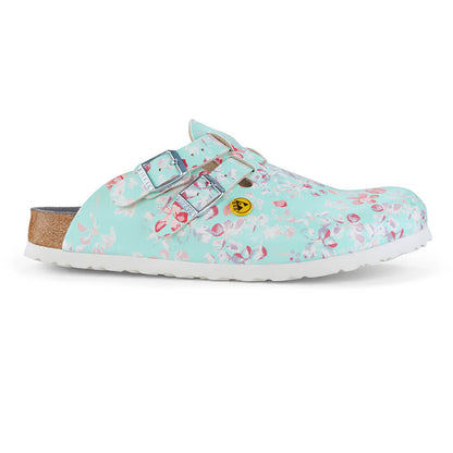 Schmaler Clog rosa mit Blumenmuster, zwei Metall-Schnallen, weißes Profil, Korkkante
