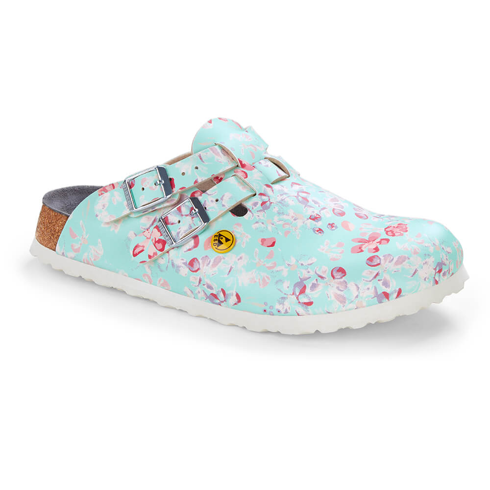 Schmaler Clog hellblau mit Blumenprint, zwei Riemen mit Schnallen, weißes Sohlenprofil