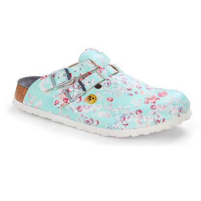 Schmaler Clog hellblau mit Blumenprint, zwei Riemen mit Schnallen, weißes Sohlenprofil