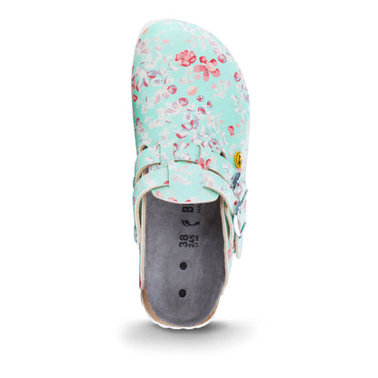 Schmaler Clog hellblau mit Blumenmuster, Rückansicht, offene Ferse, zwei Schnallenriemen