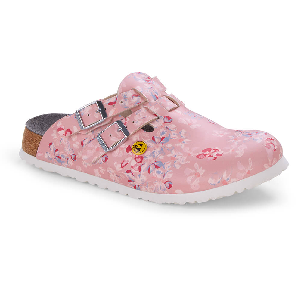 Schmaler Clog rosa mit Blumenmuster, Vorderansicht, zwei Riemen mit Schnallen, weißes Profil