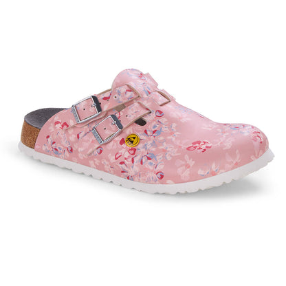Schmaler Clog rosa mit Blumenmuster, Vorderansicht, zwei Riemen mit Schnallen, weißes Profil