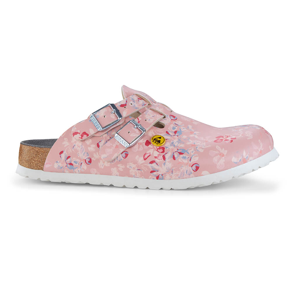Schmaler Clog rosa mit Blumenmuster, Seitenansicht, zwei Metall-Schnallen, weißes Profil