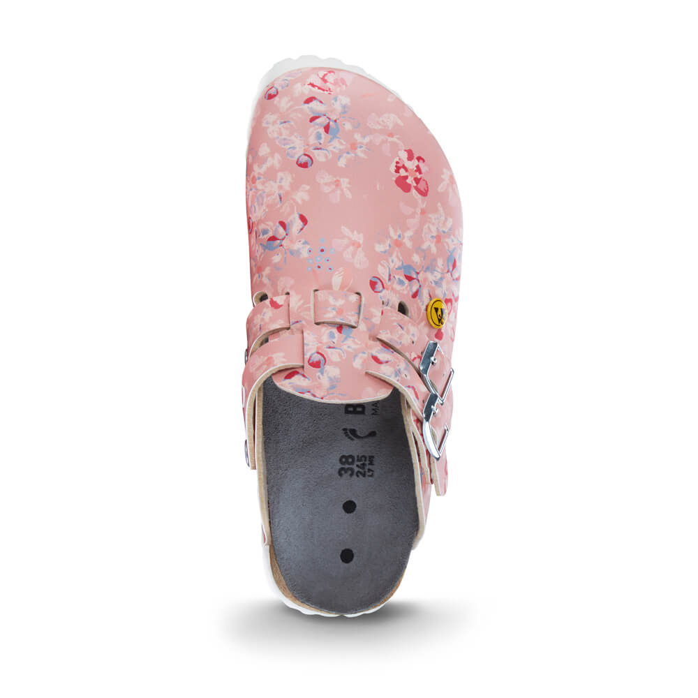 Schmaler Clog rosa mit Blumenmuster, Rückansicht, offene Ferse, zwei Schnallenriemen