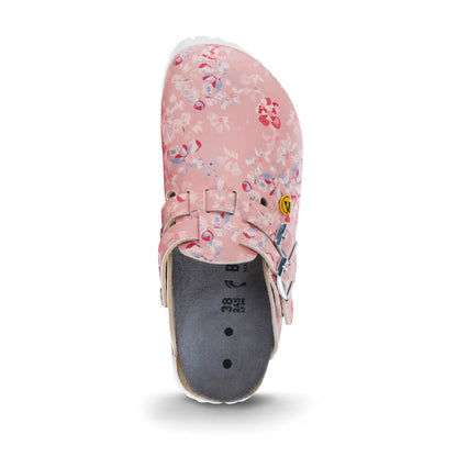 Schmaler Clog rosa mit Blumenmuster, Rückansicht, offene Ferse, zwei Schnallenriemen