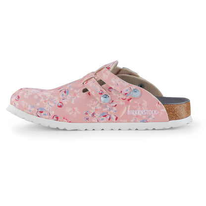 Birkenstock-Sandale Kay ESD schmal, rosa Blumenmuster, zwei Schnallen, weiße Sohle