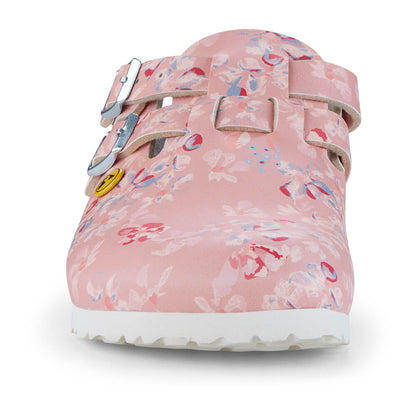 Birkenstock Kay ESD schmal: rosa Blumenmuster mit zwei verstellbaren Schnallen