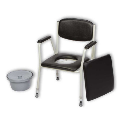Höhenverstellbarer Toilettenstuhl mit Sitzpolster, Eimer und seitlicher Abdeckplatte