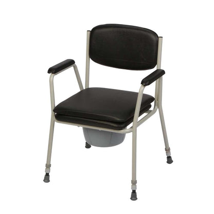 Höhenverstellbarer Toilettenstuhl mit schwarzem Sitz- und Rückenpolster, mit Eimer