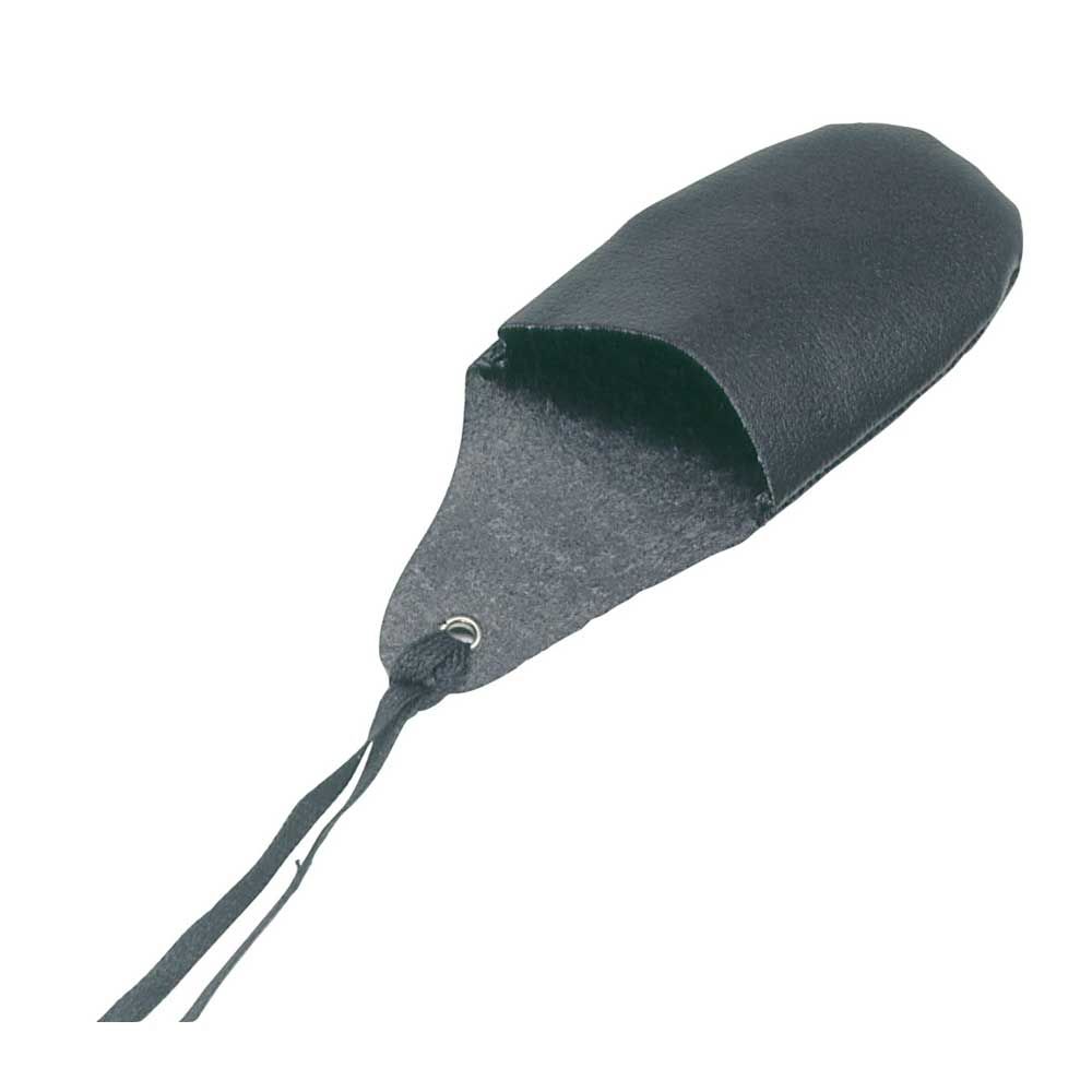 Schwarzer Lederfingerling mit Bindeband und Öse zur Befestigung
