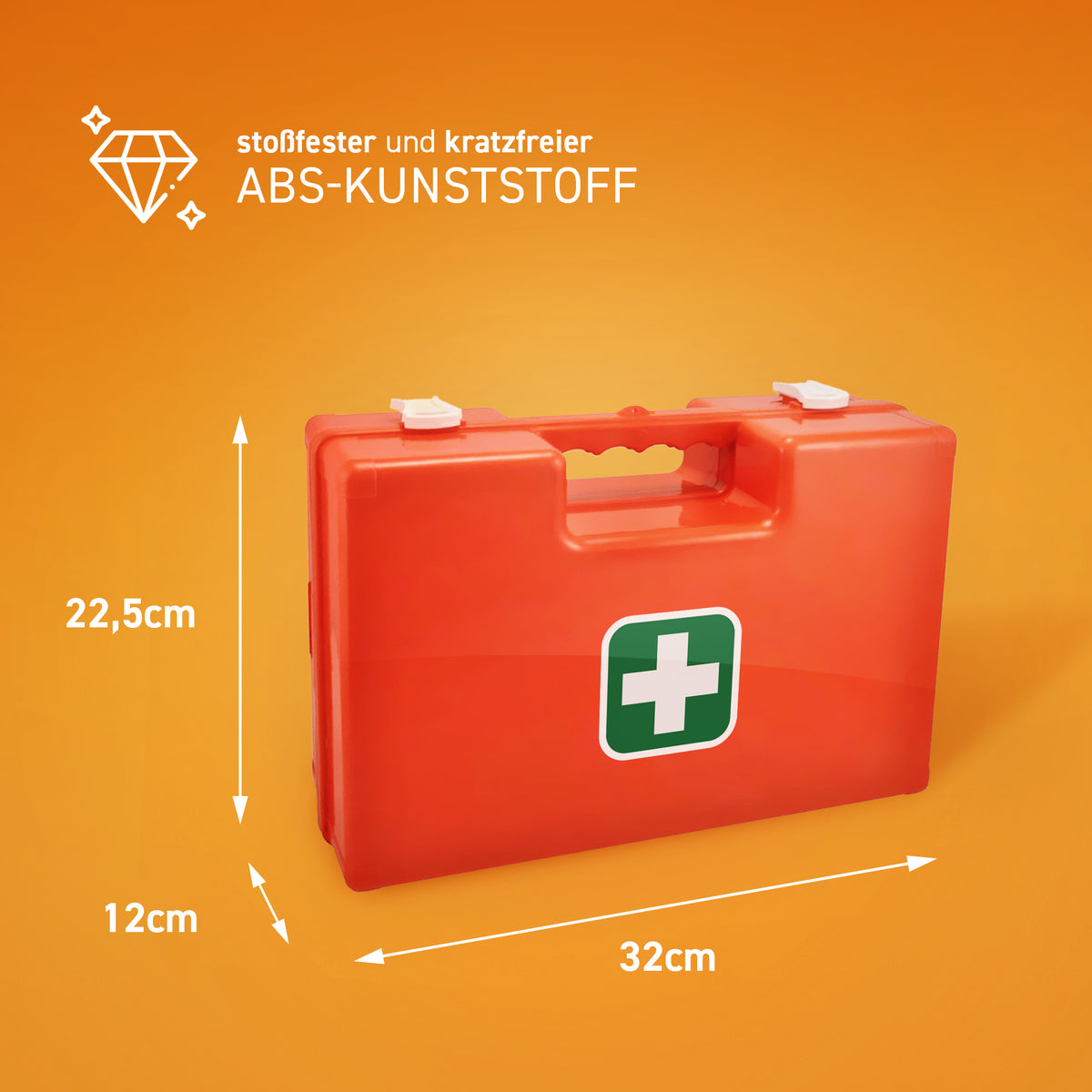 Erste-Hilfe-Koffer, orange, Maße ca. 32×22×12 cm, mit Schutzkreuz