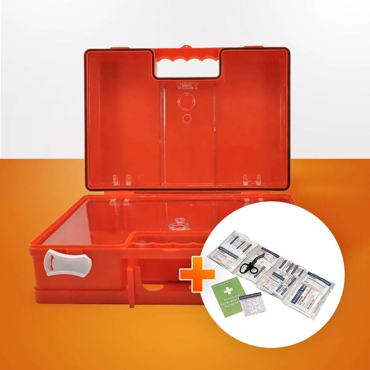 Erste-Hilfe-Koffer geöffnet, orange, mit Detailansicht der Verbandsausrüstung