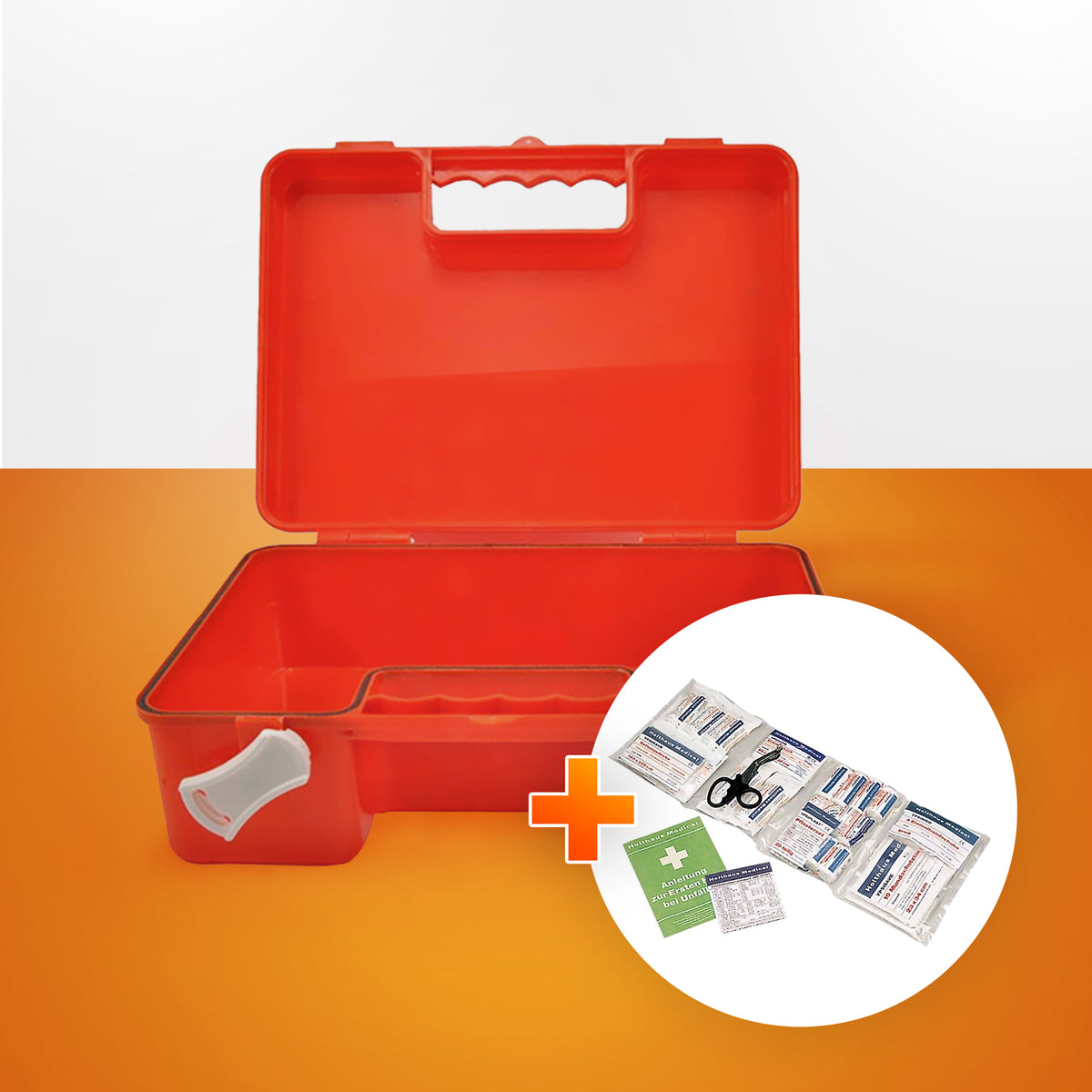 Erste-Hilfe-Koffer offen, orange, Verbandmaterial im Blick mit Detailkreis