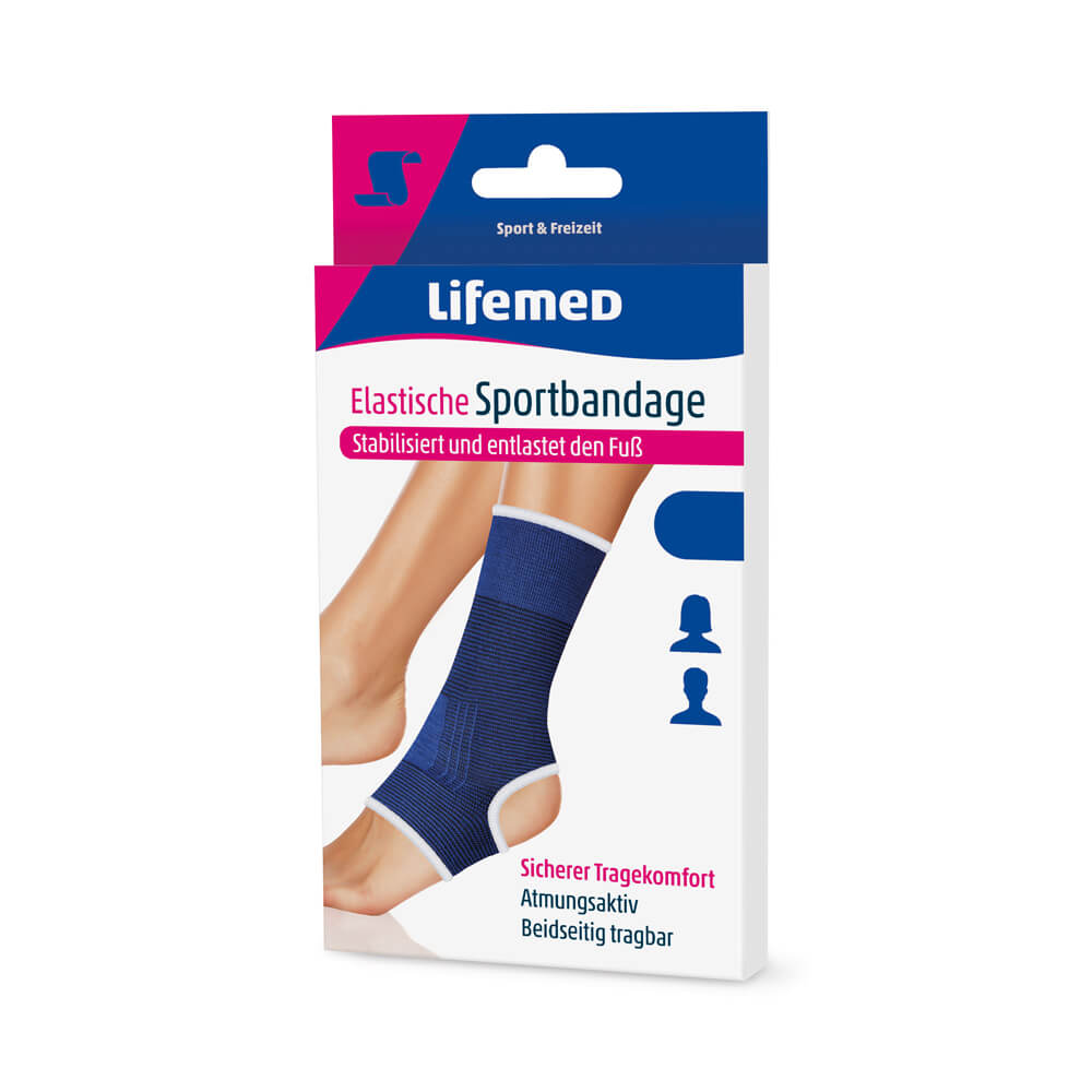 Lifemed® elastische Sportbandage fürs Fußgelenk, blaue Strickbandage, in Packung