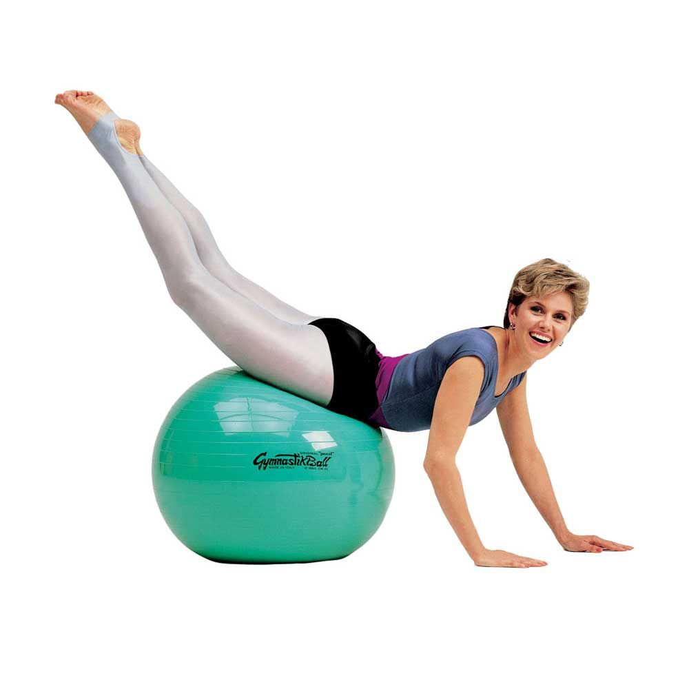 Gymnastikball aus Kunststoff, hochelastisch, grüner Ball – Beine auf dem Ball liegend