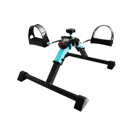 Einstellbarer Bewegungstrainer mit Display und klappbarem Gestell, blaues Rahmenprofil