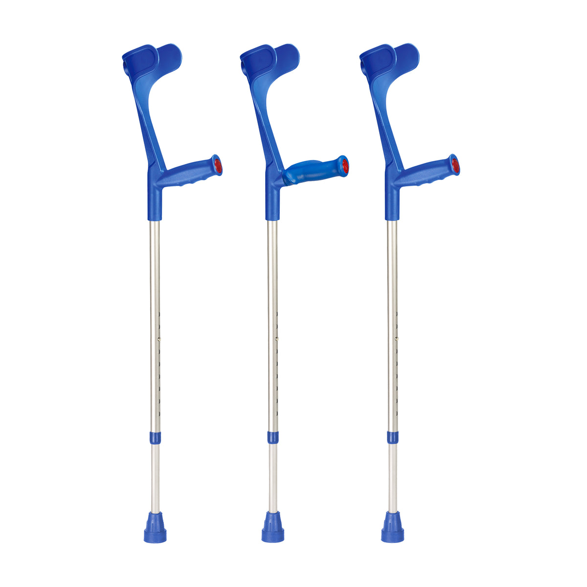 Gehstock mit L-förmigem Griff, blauem Kunststoff, Aluminium-Schaft und rutschfester Spitze