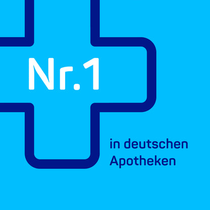 Werbegrafik: „Nr. 1“ in deutschen Apotheken, blaues Pluszeichen mit Text
