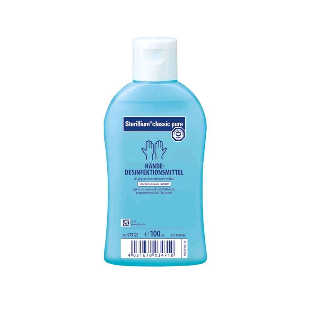 Blaues Händedesinfektionsmittel, Flasche mit weißem Deckel, Vorderseite, 100 ml.