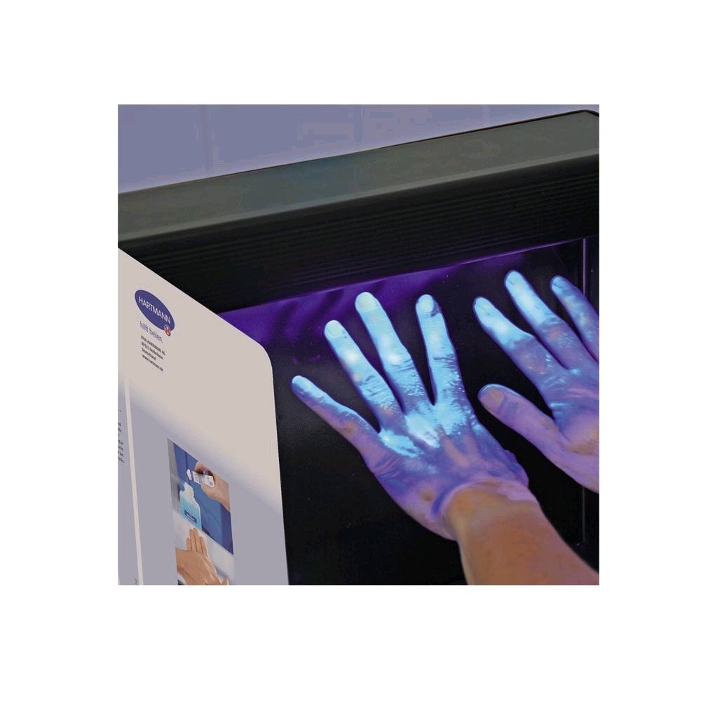 UV-Schwarzlicht-Testbox mit Hände im Fluoreszenzlicht