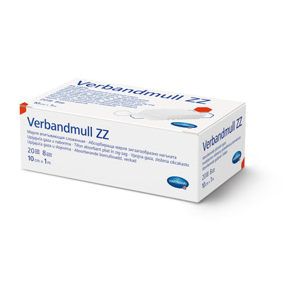 Hartmann Verbandmull ZZ Packung, Seitenansicht, weiß mit blauer Schrift und orangefarbenen Details