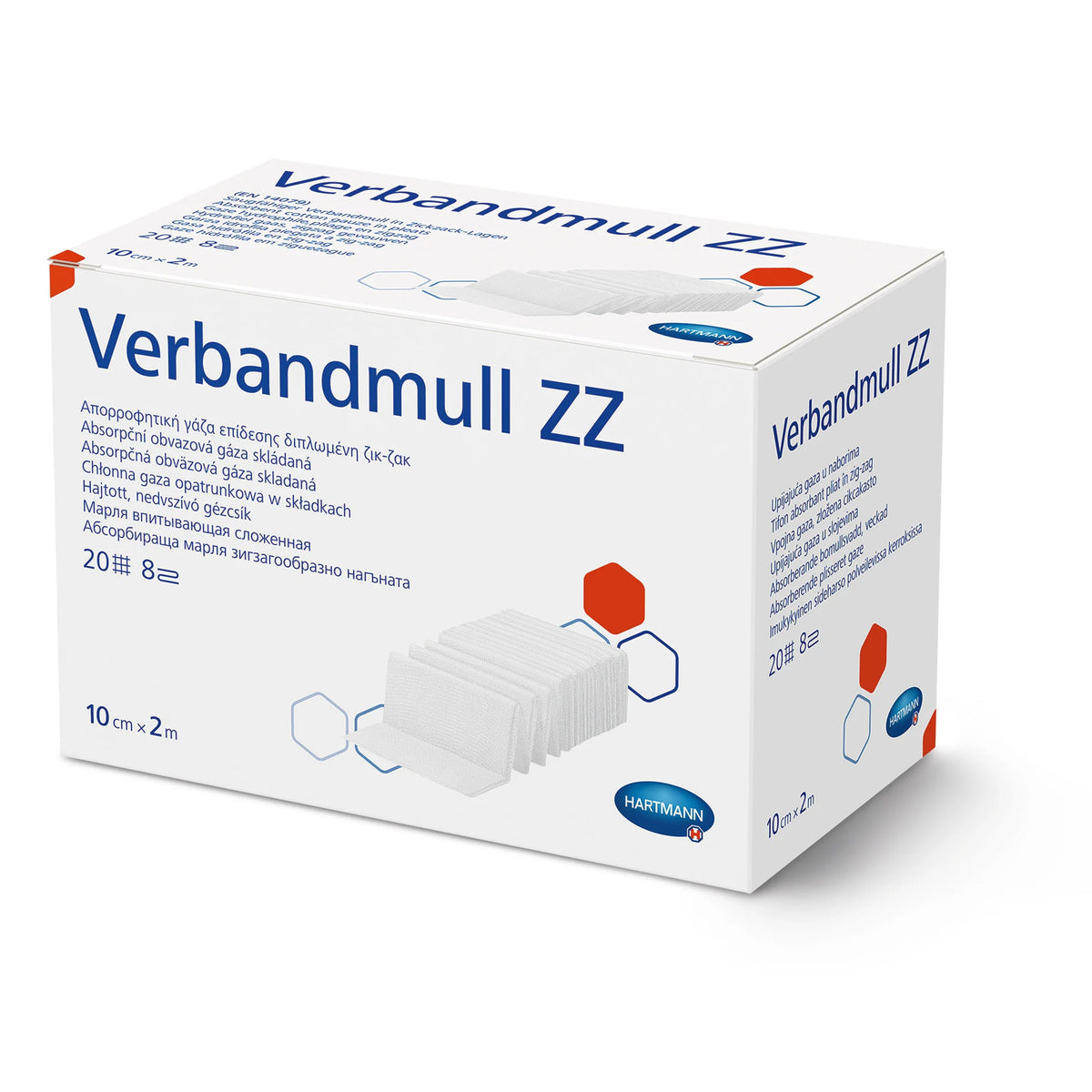 Hartmann Verbandmull ZZ Packung, frontseitig schräg, blaue Aufschrift und Mull-Symbolgrafik