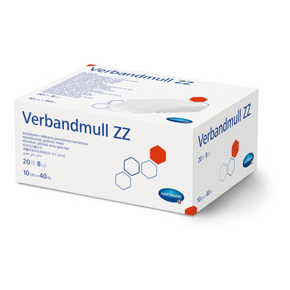 Hartmann Verbandmull ZZ Packung, schräg von der Seite, weiße Kartonage mit blauer Schrift
