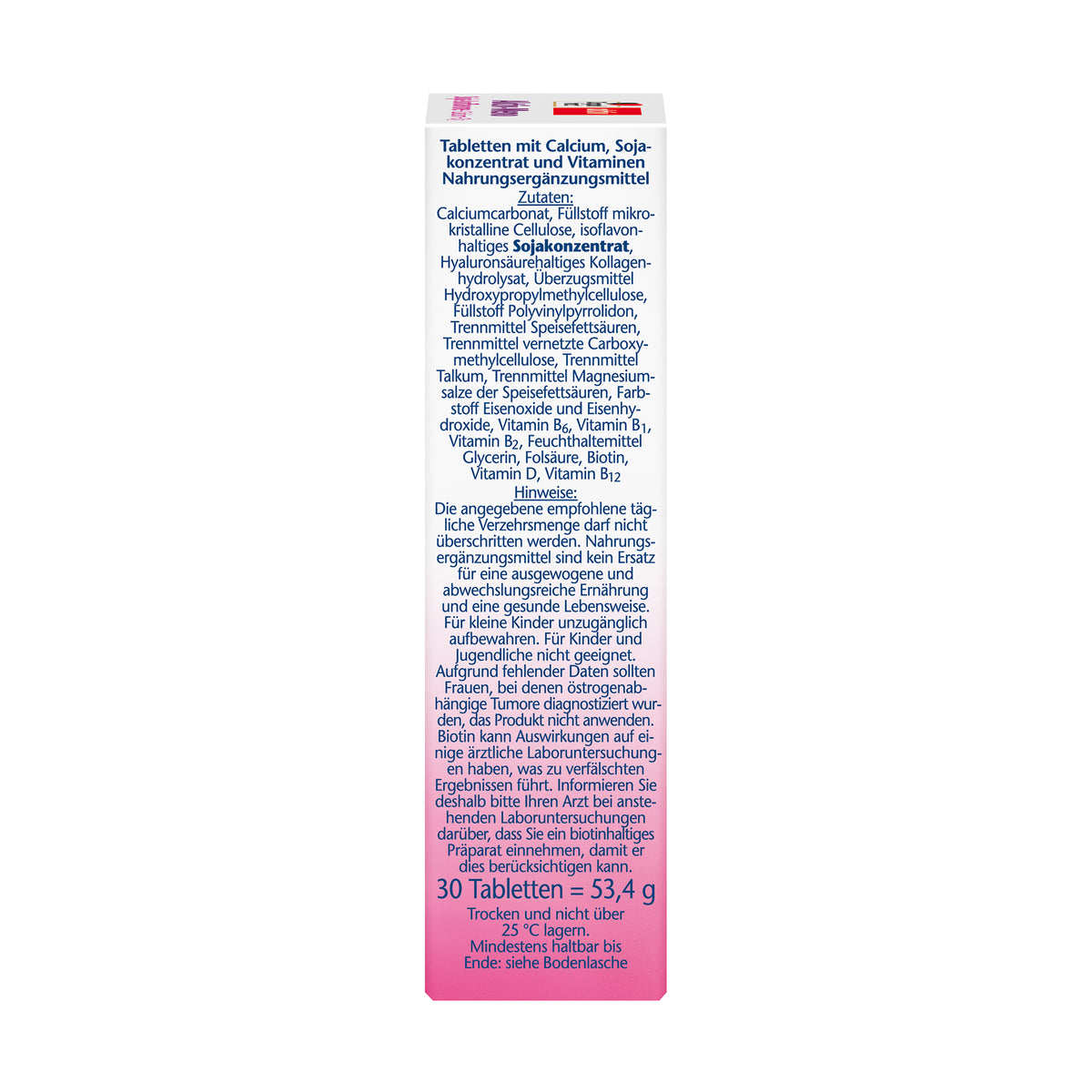 Rückseite einer Tabletten-Verpackung mit Inhalts- und Anwendungshinweisen, 30 Tabletten