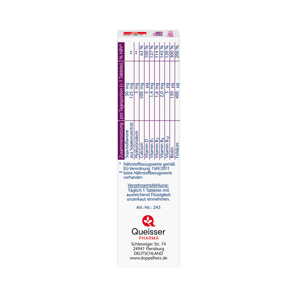 Schmalseite der Tabletten-Verpackung mit Nährwertangaben und Herstellerdaten