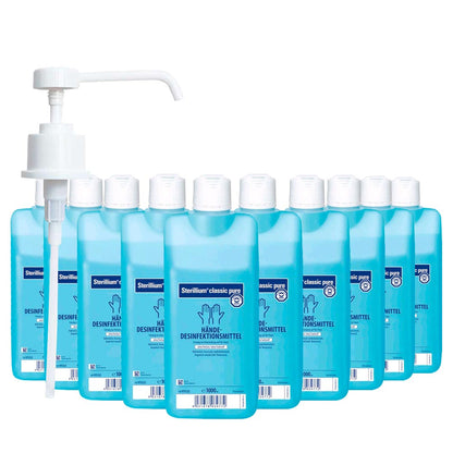 Händedesinfektion 10er-Set mit Dosierpumpe, blaue Flaschen mit weißem Deckel