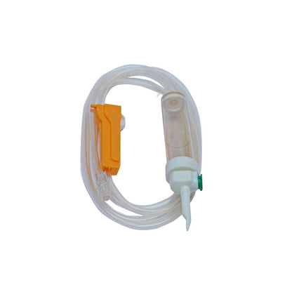 Infusionsset mit transparentem Schlauch, orangefarbenem Klemmeinsatz und weißen Anschlüssen